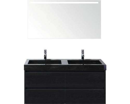 Koupelnový set s dvojitým umyvadlem, spodní skříňkou a zrcadlem s osvětlením