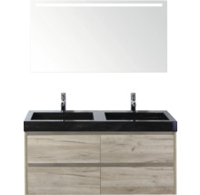 Umyvadlová skříňka se dvěma umyvadly, bateriemi, spodní skříňkou a zrcadlem s osvětlením do koupelny