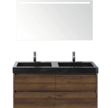 Umyvadlová skříňka s dvojitým umyvadlem, dřevěnou spodní skříňkou a osvětleným zrcadlem do koupelny