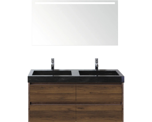 Umyvadlová skříňka s dvojitým umyvadlem, dřevěnou spodní skříňkou a osvětleným zrcadlem do koupelny