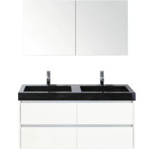 Umyvadlo se dvěma umyvadly, bateriemi, skříňkou a zrcadlovou skříňkou do koupelny