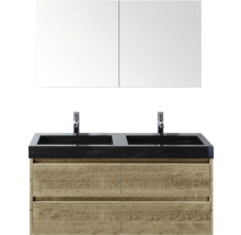 Dvojité umyvadlo se dvěma umyvadly, bateriemi, spodní skříňkou a zrcadlovou skříňkou do koupelny.