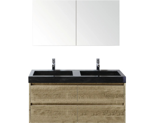 Dvojité umyvadlo se dvěma umyvadly, bateriemi, spodní skříňkou a zrcadlovou skříňkou do koupelny.