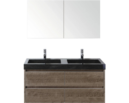 Kombinace umyvadla se dvěma umyvadly, bateriemi, spodní skříňkou a zrcadlovou skříňkou