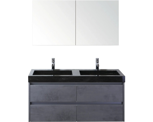 Koupelnový nábytkový set s umyvadlovou skříňkou, dvěma umyvadly a zrcadlovou skříňkou