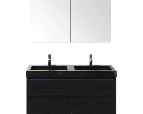 Kombinace umyvadlové skříňky se dvěma umyvadly, dvěma bateriemi a zrcadlovou skříňkou