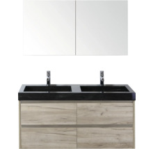 Sestava koupelnového nábytku s dvojitým umyvadlem, zrcadlovou skříňkou a dřevěnou spodní skříňkou