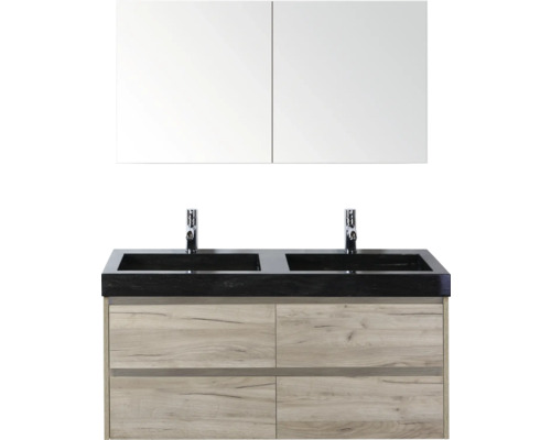 Sestava koupelnového nábytku s dvojitým umyvadlem, zrcadlovou skříňkou a dřevěnou spodní skříňkou