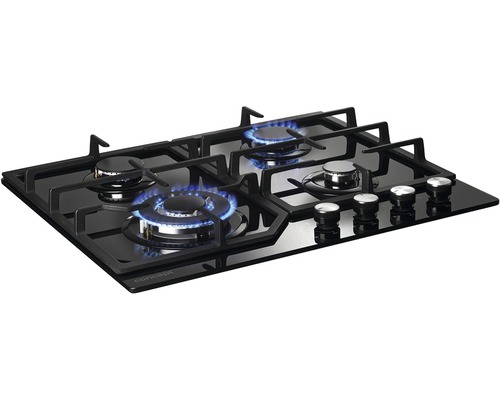 Černá plynová varná deska se čtyřmi hořáky a ovládacími knoflíky.