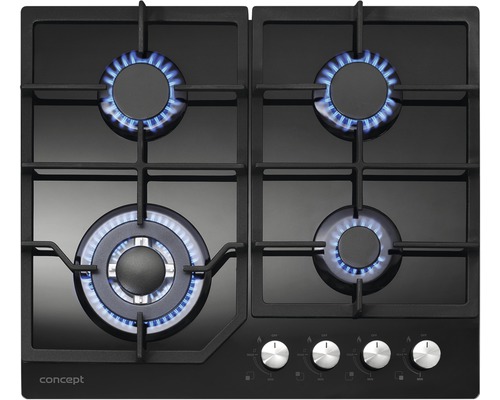 Černý plynový sporák se čtyřmi hořáky a modrými plameny