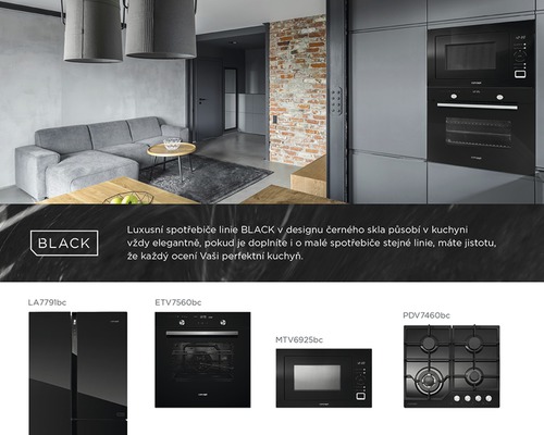 Kuchyně se spotřebiči řady Black, včetně chladničky, trouby, mikrovlnné trouby a varné desky