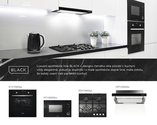 Kuchyňská scéna s elektrospotřebiči řady Concept Black: varná konvice, varná deska, odsavač par, mikrovlnná trouba a trouba