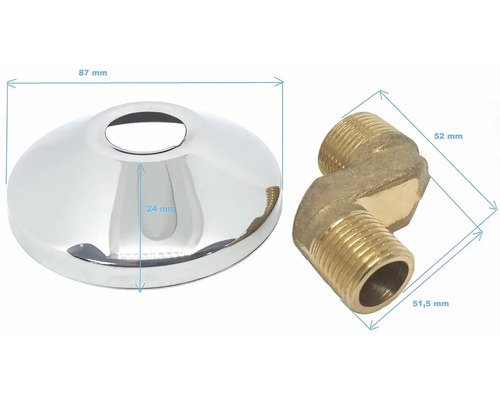 Rozeta s úhlovým šroubením a rozměry v milimetrech