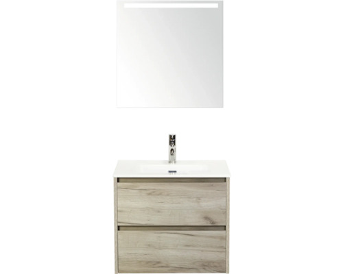 Umyvadlová skříňka se dvěma zásuvkami, umyvadlem, baterií a osvětleným zrcadlem