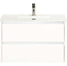 Bílá umyvadlová skříňka se dvěma zásuvkami a baterií