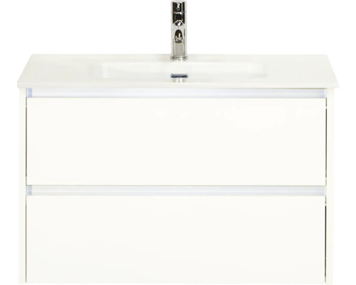 Bílá umyvadlová skříňka se dvěma zásuvkami a baterií