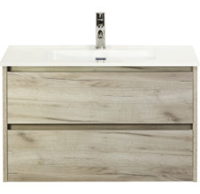 Skříňka pod umyvadlo se dvěma zásuvkami, vzhled dřeva a umyvadlo na desku