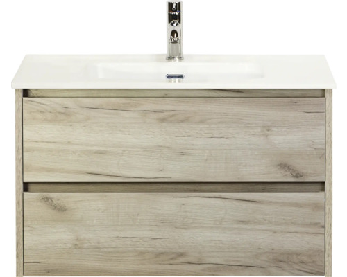 Skříňka pod umyvadlo se dvěma zásuvkami, vzhled dřeva a umyvadlo na desku