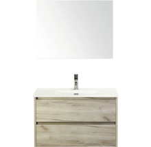 Umyvadlová skříňka se zrcadlem a dvěma zásuvkami s dřevěným dekorem do koupelny