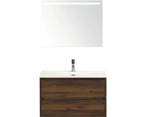 Sestava koupelnového nábytku s umyvadlovou skříňkou, umyvadlem a zrcadlem s osvětlením