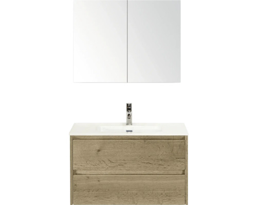 Kombinace umyvadla se zrcadlovou skříňkou a dvěma zásuvkami