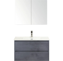 Skříňka pod umyvadlo s umyvadlem a zrcadlová skříňka do koupelny.