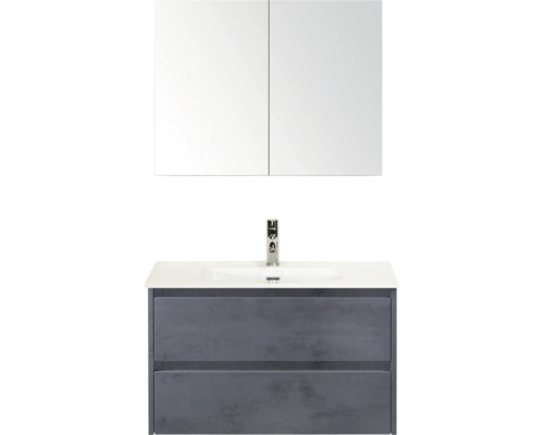 Skříňka pod umyvadlo s umyvadlem a zrcadlová skříňka do koupelny.