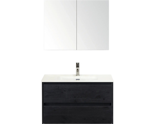 Sestava koupelnového nábytku s umyvadlem, skříňkou se dvěma zásuvkami a zrcadlovou skříňkou