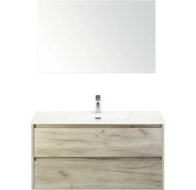 Kombinace umyvadla se zrcadlem, umyvadlem a dvěma zásuvkami ve vzhledu dřeva