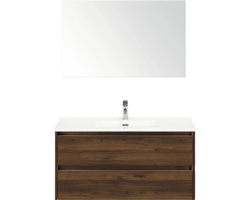 Umyvadlová sestava se zrcadlem, baterií a spodní skříňkou se zásuvkami