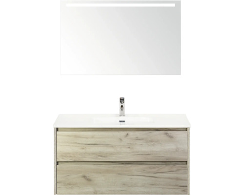 Koupelnová sestava Sanox Dante 101 cm craft oak Umyvadlová skříňka se dvěma zásuvkami, umyvadlem a zrcadlem s osvětlením