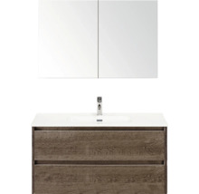 Skříňka s umyvadlem se zrcadlovou skříňkou a dvěma zásuvkami ve vzhledu dřeva