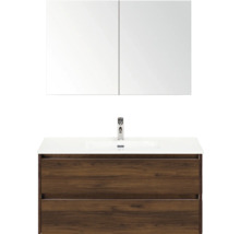 Umyvadlová sestava se zrcadlovou skříňkou a dekorem dřeva