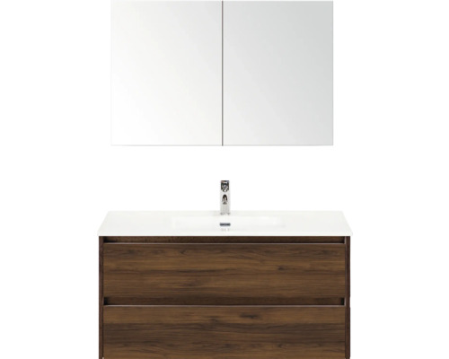 Umyvadlová sestava se zrcadlovou skříňkou a dekorem dřeva