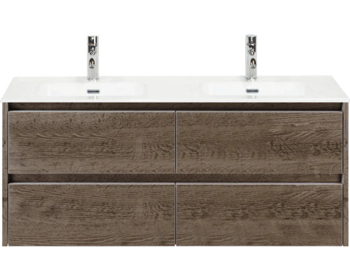 Skříňka pod umyvadlo se dvěma umyvadly a čtyřmi zásuvkami