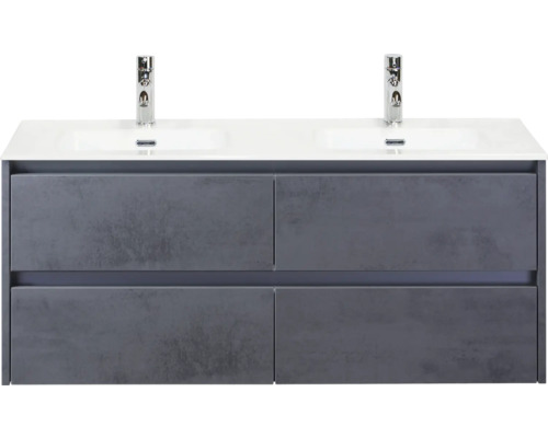 Koupelnová skříňka s umyvadlem Sanox Dante 121 cm beton antracit Skříňka pod umyvadlo se čtyřmi zásuvkami a dvěma umyvadly