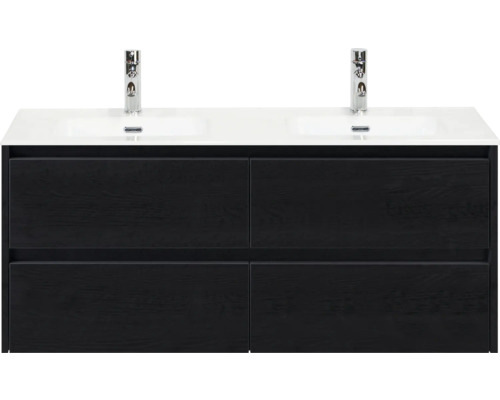 Skříňka pod umyvadlo se dvěma umyvadly a čtyřmi zásuvkami