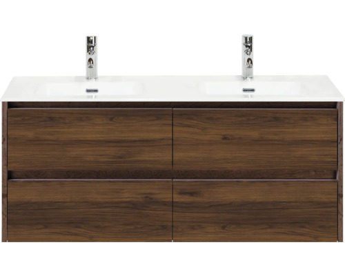 Koupelnová skříňka s umyvadlem Sanox Dante 121 cm vlašský ořech Skříňka pod umyvadlo se dvěma umyvadly a čtyřmi zásuvkami s dřevěným dekorem