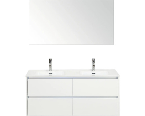 Sestava koupelnového nábytku s dvojitým umyvadlem, skříňkou pod umyvadlo a zrcadlem