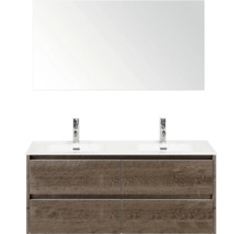 Skříňka s umyvadlem se zrcadlem, dvojité umyvadlo a dřevěný dekor