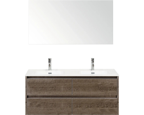 Skříňka s umyvadlem se zrcadlem, dvojité umyvadlo a dřevěný dekor