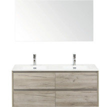 Umyvadlová skříňka s dvojitým umyvadlem, zrcadlem a dřevěnou spodní skříňkou do koupelny