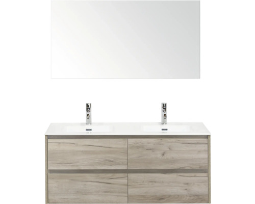 Umyvadlová skříňka s dvojitým umyvadlem, zrcadlem a dřevěnou spodní skříňkou do koupelny