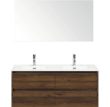 Dvojité umyvadlo se zrcadlem, skříňka se zásuvkami a dvě baterie