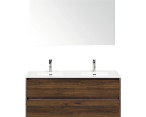 Dvojité umyvadlo se zrcadlem, skříňka se zásuvkami a dvě baterie