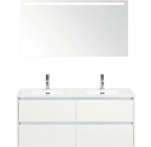 Umyvadlo se skříňkou, dvojité umyvadlo, vodovodní baterie a zrcadlo s osvětlením