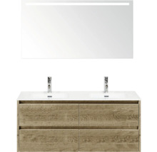 Koupelnová skříňka s umyvadlem, zrcadlem a vzhledem dřeva