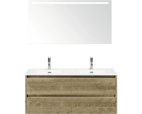 Koupelnová sestava Sanox Dante 121 cm dub přírodní Koupelnová skříňka s umyvadlem, zrcadlem a vzhledem dřeva