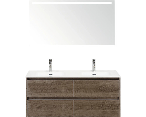 Sestava koupelnového nábytku s umyvadlem, dvěma umyvadly a osvětleným zrcadlem