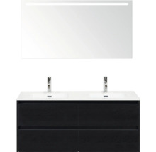 Koupelnový komplet s dvojitým umyvadlem, skříňkou se zásuvkami a zrcadlem s osvětlením